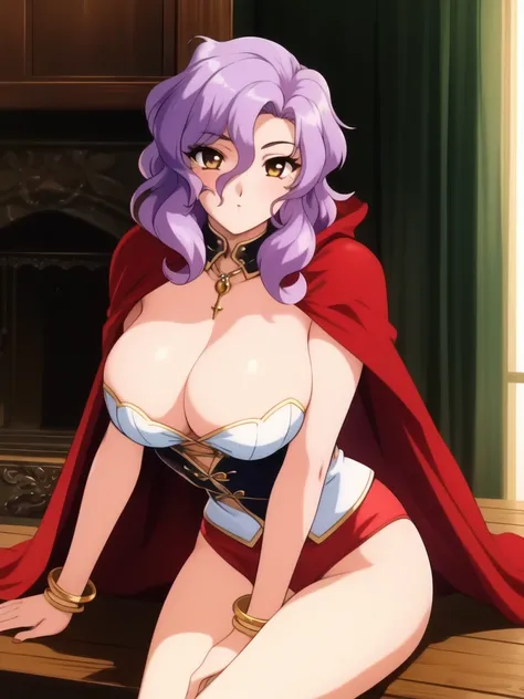 <lora:Sherry:0.8>, Sherry, 1girl, solo, breasts, sitting, cleavage, red_cape, looking at viewer, retro artstyle, jewelry, large breasts,
masterpiece, high quality, very_high_resolution, large_filesize, full color,