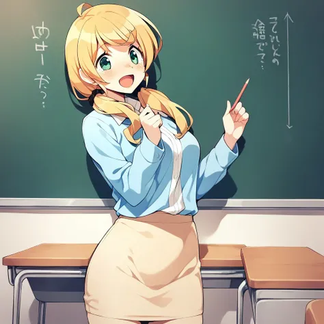 1girl,solo,smile,open mouth,blush,cowboy shot,ellenbaker,<lora:ellenbaker_xl:1>,light blue clothing,teacher,chalkboard,classroom,best quality,beige tight skirt,