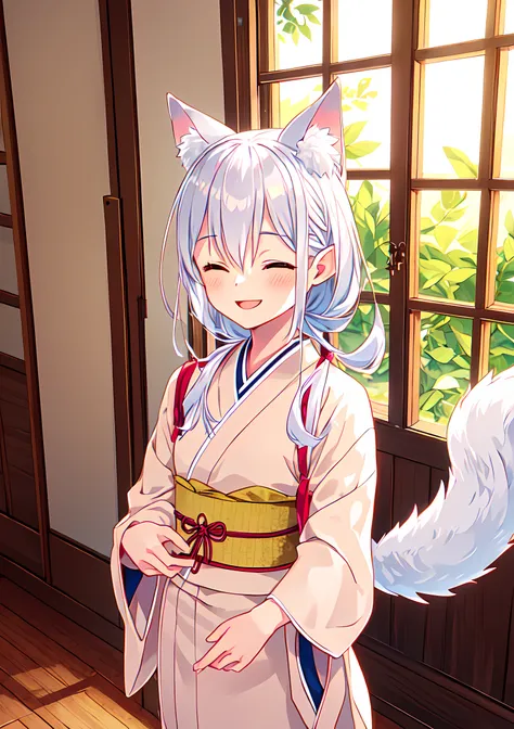 <lora:Fumino:0.7>,Fumino,1girl,super fine illustration,masterpiece,best quality,happy smile,great joy,close ones eyes,japanese clothes,animal ears,pointy ears,extra ears,tail,indoors,kimono,