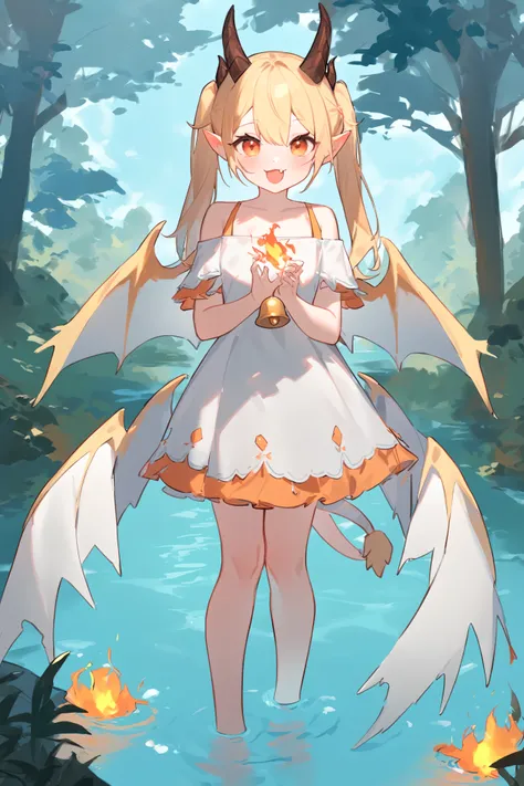 anime girl in a white dress holding a gold bell in a pond