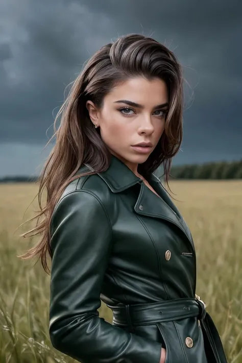 photo of S338_ChiaraBianchino,a stylish woman,in a (field:1.1),wearing a (coat:1.1),(thunderstorm),(4k, RAW photo, best quality, depth of field, ultra high res:1.1),(absurdres, intricate, photorealistic, masterpiece, ultra-detailed:1.1),