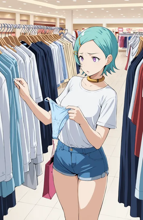 1girl, eureka, casual white shirt, denim shorts, holding panties, examining, clothes hanger, confused, clothes shop, mall, shopping bag, aqua hair, short hair, collar, purple eyes
<lora:eureka_xl_v9:1.0>, masterpiece, best quality