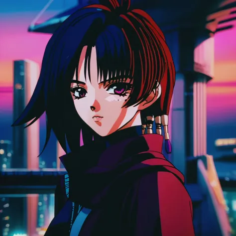 anime illustration portrait of an anime girl  on a rooftop in a  futuristic city on a beautiful sunset,  <lora:iria_zeiram:0.9>, close up, vivid colors, colorful color grading, volumetric lights