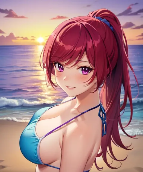 portrait, (adult woman), (1girl, solo), (looking at viewer), ((blue bikini)), smile, teeth, blushing, (red hair, ponytail), (violet eyes), ((beach, island, tropical paradise)), ((sunset, purple sky), best quality, high detail), ((masterpiece)), <lora:1_ino...