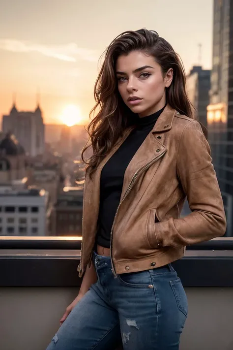 photo of S338_ChiaraBianchino,a stunning woman,in a (city:1.1),wearing a (suede-jacket:1.1),(jeans),(sunset),(4k, RAW photo, best quality, depth of field, ultra high res:1.1),(absurdres, intricate, photorealistic, masterpiece, ultra-detailed:1.1),