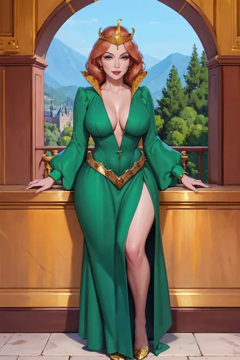 (insanely detailed, detailed face, masterpiece, beautiful detailed eyes, best quality), <lora:Queen_Marlena:0.8>, queenmarlena, large breasts, gold crown, green gown, yellow belt, posing on a balcony, sweet smile, in a fantasy castle, full body shot, photo...