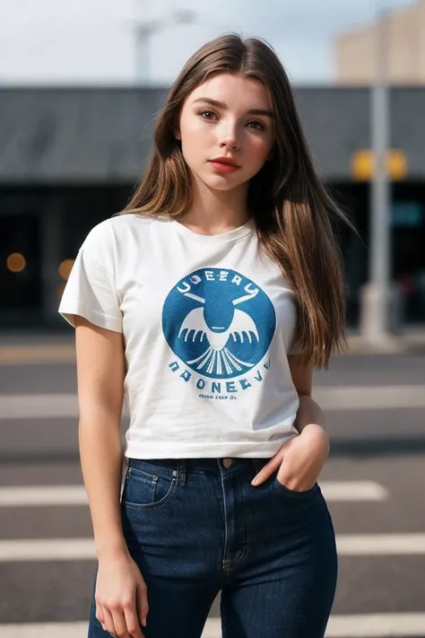 photo of fit (D4rl33nJos3ph1n3-135:0.99), a beautiful woman, perfect hair, (modern photo), wearing a (crew neck t-shirt:1.2) and long pants with jewelry, portrait, 85mm, (analog, cinematic, film grain:1.3), (Alien Embassy, Diplomatic hub with ornate archit...