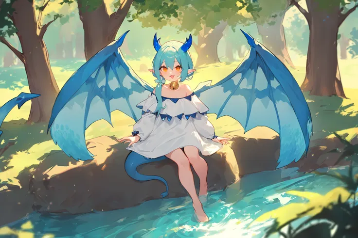 anime girl with blue wings sitting on a rock in a forest