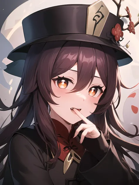 HuTaoTao, HuTaoEyes, (holding a ghost:1.3), Symbol eye, plum blossom pupil, hat, (masterpiece, top quality, best quality, official art, beautiful and aesthetic:1.2), 1girl, beautiful, high detailed, dark lighting, serious face, looking the sky, sky, medium...