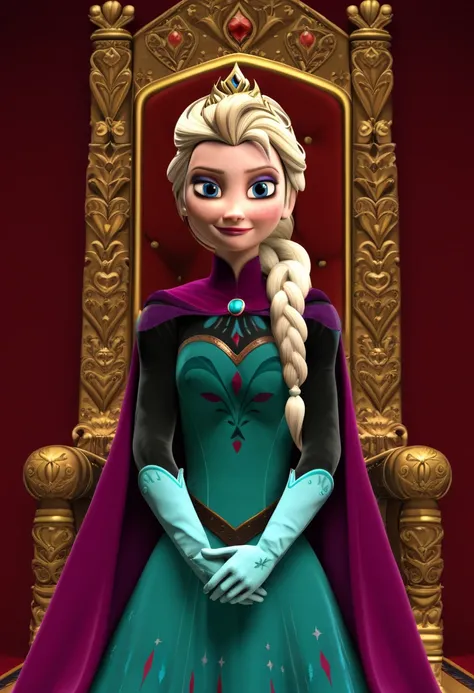 sysdeep_elsa, 1girl, solo, looking_at_viewer, smile, blue_eyes, blonde_hair, gloves, braid, white_gloves, cape, single_braid, makeup, own_hands_together, tiara, crown, throne, <lora:Elsa- [Frozen] - PonyXL Version 1:0.8>