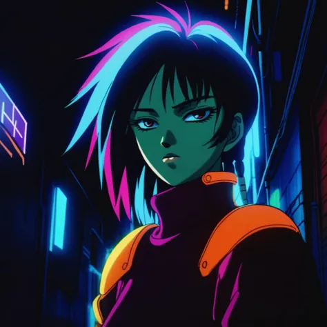 close up shot, an anime illustration, portrait of a beautiful polish girl in a dark alley at night with colorful neons, dress, chinapunk, in the style of dark intensity, snapshot aesthetic, <lora:xl_yoshiaki_kawajiri_v1:0.43>, kawajiri, close up,  <lora:ir...