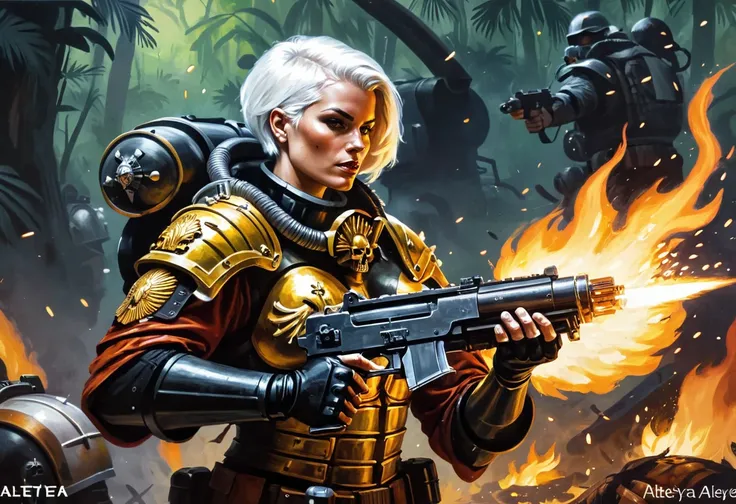 Masterpiece, painting of a solo sexy Sister of battle, short white hair, black and gold armor, shooting flames from a combi-flamer (flamethrower), combat, catachan jungle, [landscape], action, complex, muted colors, grimdark, warhammer 40k, oil on canvas, ...