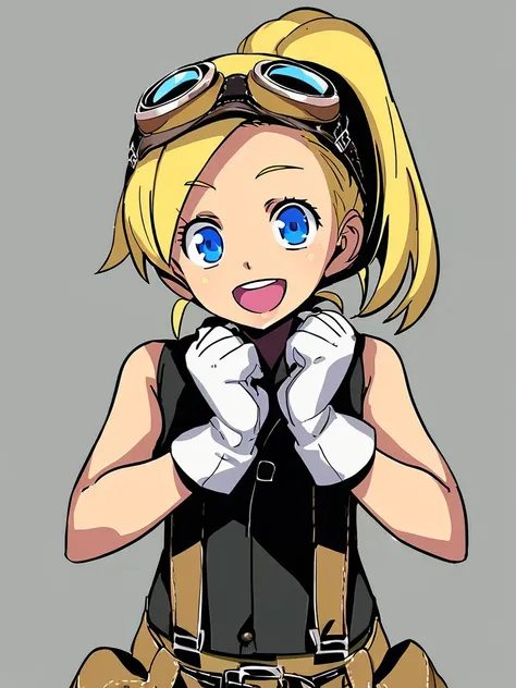 <lora:Himukai-PonyXL-1024px:1>
source_anime,
1girl, solo, blonde hair, high ponytail, goggles on head, brown overalls, black tank_top, sleeveless, white gloves, belt, smile, open mouth, blue eyes, midriff