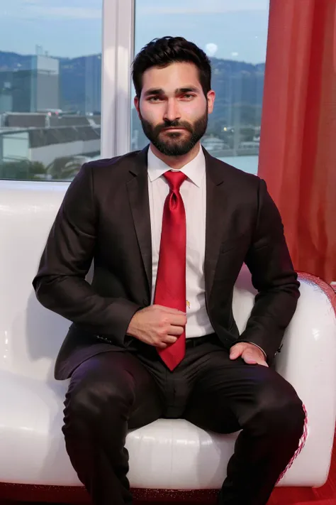 tyler hoechlin, medium beard, quiff, black suit jacket, white collared shirt, red necktie, black pants, sitting on armchair <lora:tyler_hoechlin_28-000031:0.5>