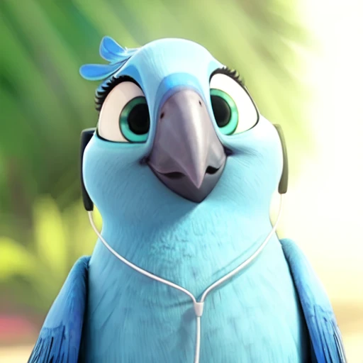 Carla, sfw, spix macaw,female, blue feathers, 3d, cgi, detailed, smile  <lora:Carla(BirdMovie,Rio):0.7> earphones, iphone