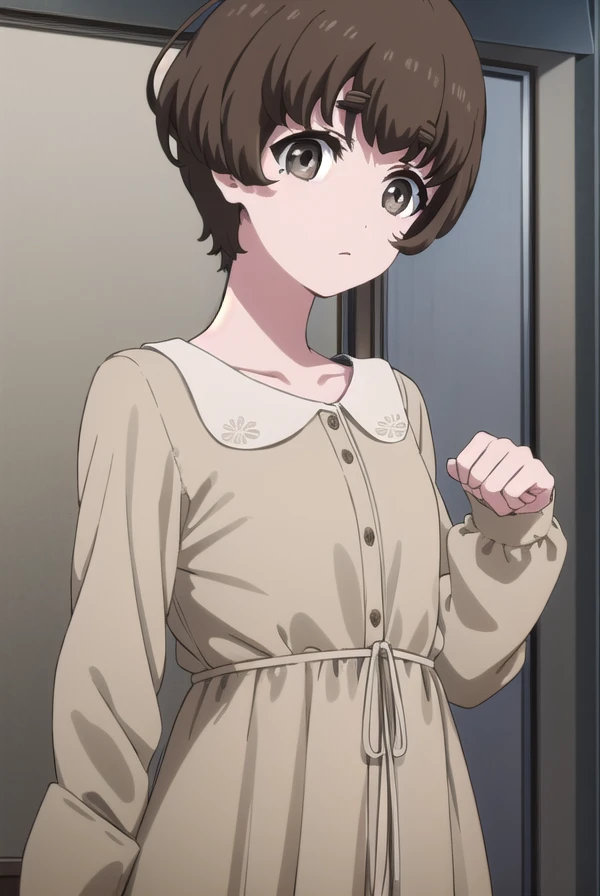 aikunogi, <lora:ai kunogi s1-lora-nochekaiser:1>,
ai kunogi, short hair, bangs, brown hair, (brown eyes:1.5), 
BREAK long sleeves, dress,
BREAK indoors, office,
BREAK looking at viewer, (cowboy shot:1.5), dynamic pose,
BREAK <lyco:GoodHands-beta2:1>, (mast...