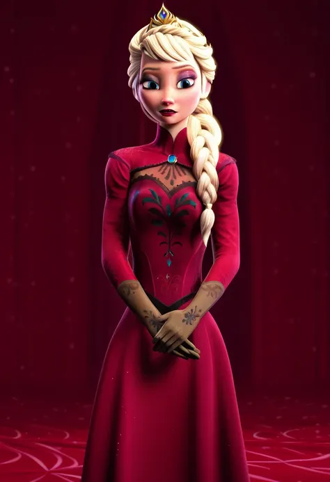 sysdeep_elsa, 1girl, solo, blue_eyes, blonde_hair, gloves, braid, single_braid, makeup, own_hands_together, tiara, lipstick, eyeshadow, red_dress, short_dress, red_pantyhose, <lora:Elsa- [Frozen] - PonyXL Version 1:1>