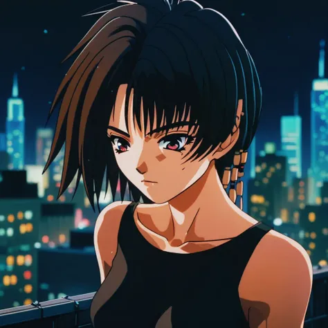 anime illustration portrait of an anime girl  wearing a simple black dress on a rooftop in  new york city on a beautiful night,  <lora:iria_zeiram:0.82>, close up, vivid colors, colorful color grading, volumetric lights