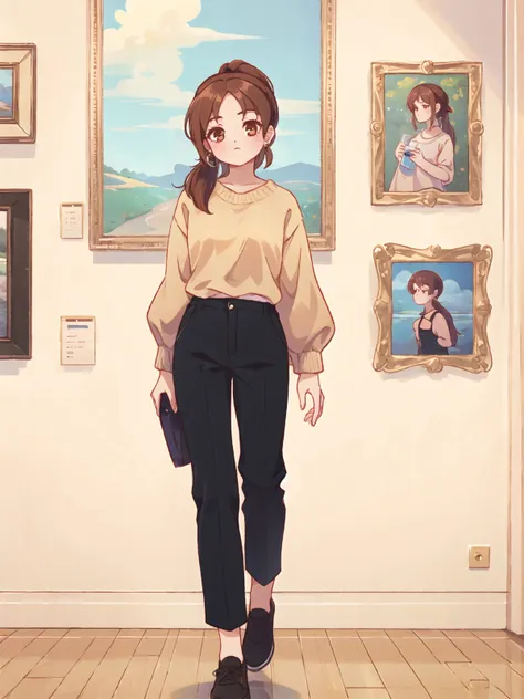 1girl, pensive, fully body, ponytail, black trousers, beige blouse, pearl earrings, in the art gallery