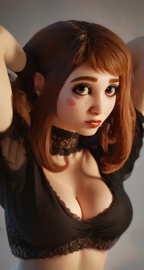 <lora:hyperrealism_CivitAI:0.6>, score_9_up, score_8_up, score_7_up, cleavage, make up, mascara, gothic, uraraka_ochako, scandinavian design, IKEA catalog, epidermis