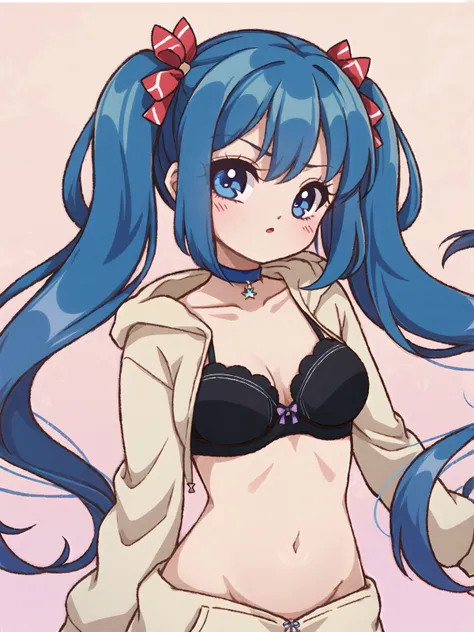 1girl, medium-sized breast, pale skin, standing, navel, striped blush, closed mouth, blue eyes with white pupil, squiggle, angled head, looking at viewer, solo, extra-long wavy twintails and sidelocks blue haircut with blue bow, blue hair, collarbone, seri...