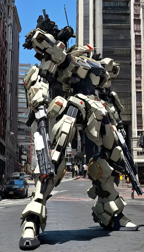 professional 3d model of A giant mecha stands in the city.,(city:1.2),(B-RRS:1.6),(science fiction:1),mecha armor,(a stylish mech:1.6),(hawken:1.6),(long legs:1.1),glowing eyes,(full body:1.2),mechanical parts,robot joints,(holding huge weapon:1.5),(huge m...