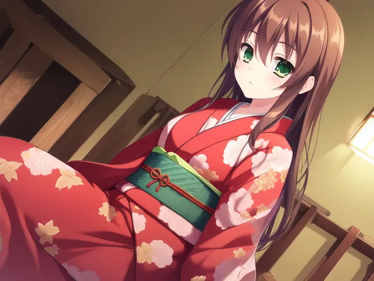 <lora:Yotsutani_Asako:0.8>, Asako, 1girl, solo, japanese clothes, kimono, green eyes, brown hair, sitting, red kimono, long sleeves, long hair, sash, obi, dutch angle.
 masterpiece, high quality, ver y_high_resolution, large_filesize, full color,