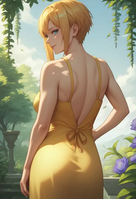 score_9, score_8_up, score_7_up, source_anime BREAK 1girl, <lora:maxwell-nikke-richy-v1_pdxl:1> maxwell, blonde hair, short hair, sidelocks, blue eyes, large breasts, (yellow sundress:1.3), from behind, solo, garden, realistic, beautiful, serene, dappled s...