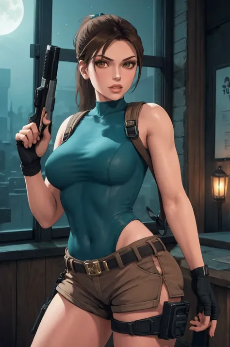 undeworldlara, lips, ponytail, brown hair, teal leotard, hip window, brown shorts, fingerless gloves, holding gun, holding weapo...