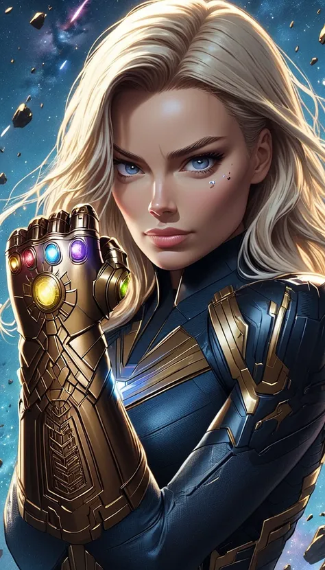 anime Margot Robbie, wearing the InfinityGauntlet