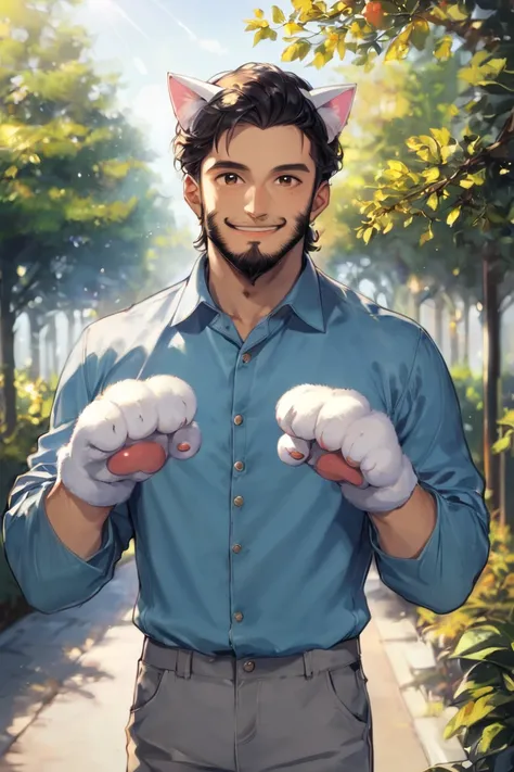 score_9, score_8_up, score_7_up, short hair, black hair, brown eyes, facial hair, beard, blue shirt, collared shirt, long sleeves, grey pants, fake animal ears, animal ears, cat ears, paw gloves, cat paws, paw pose, smile, 1boy, solo, male focus, mature ma...