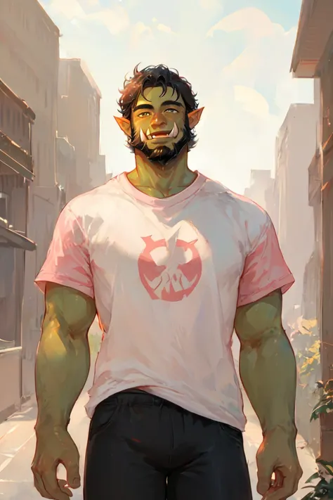 score_9, score_8_up, score_7_up, orc, green skin, tusks, beard, black hair, muscular, pink t-shirt, black pants, smile, 1boy, solo, male focus, mature male, looking at viewer, cowboy shot, standing, outdoors, city, building <lora:Pastel-Mix Style SDXL_LoRA...