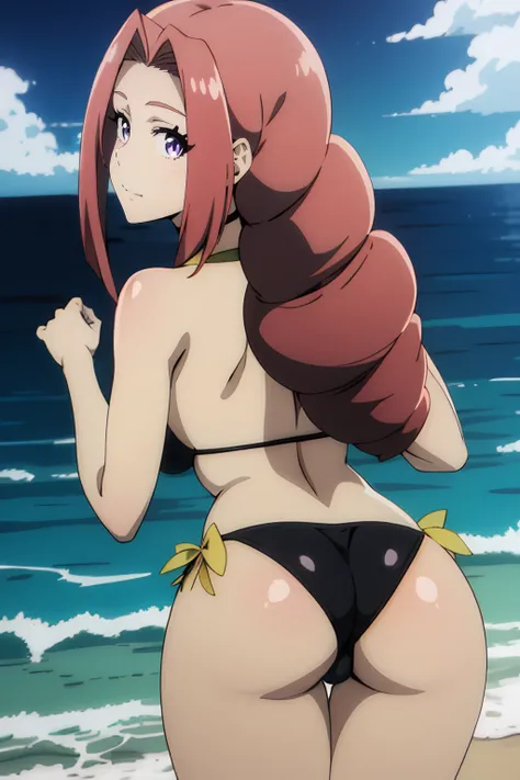 <lora:Sheila Ibarss:0.7>  sheila ibarss, 1girl, long_hair, brown_hair, purple_eyes, solo, braid, hair_intakes, black bikini, beach,  from behind, (looking back:1.2), thighs, drill_hair, best_quality, highres, extremely_detailed, anime perfect detailed styl...