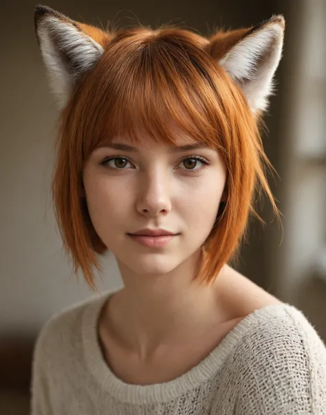 face portrait of young woman, orange hair, fur, 19 years old, short hair, natural lighting , fox ears, whiskers , front bangs