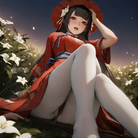 masterpiece, best quality, dynasty warriors_daqiao, chinese clothes, red dress, from side, from below, black eyes, long hair, blunt bangs, sitting, white flowers, jasmine (flower), night, flower land, grasslands, hand in own hair, looking at viewer, open m...