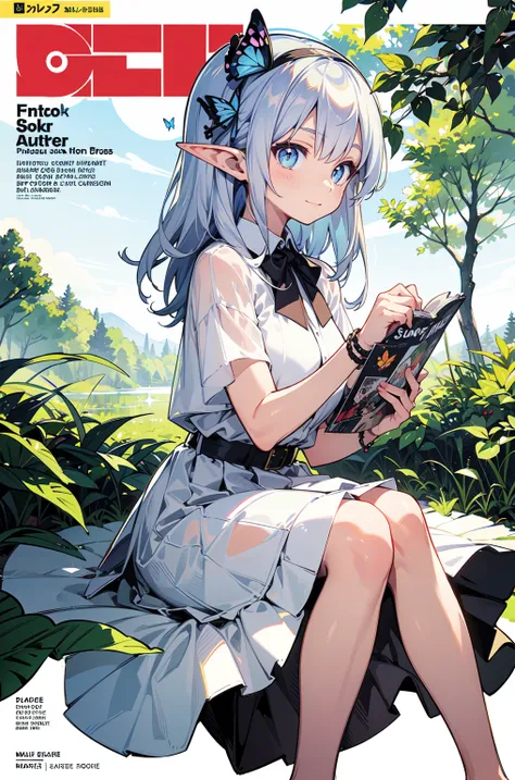 ((masterpiece)),expressionless,(((best quality))),((illustration)),
1girl,elf,((solo)),(detailed face),(beautiful detailed eyes),light eyes,blue eyes,((disheveled hair)),silver hair,full body,
smile,blank stare,sitting,((looking to the side)),
bow tie hair...