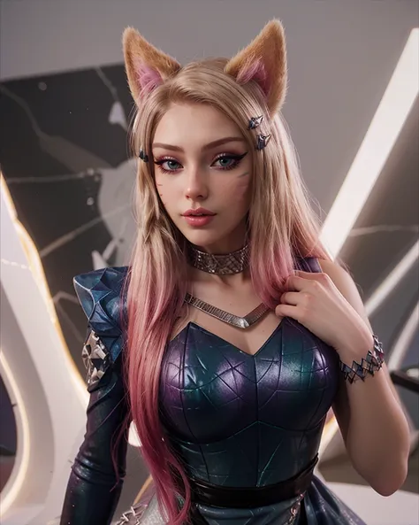 1girl, ahrikda, fox ears, 2tone hair, ((official k/da_(league_of_legends) outfit)), single long sleeve, close up, portrait, headshot,