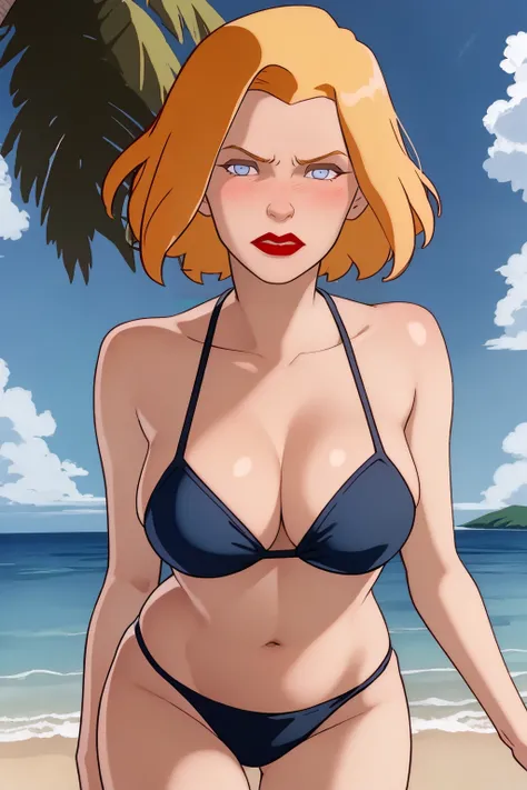 masterpiece, best quality,
1girl, agentl, blonde hair, short hair, blue eyes, red lips, makeup, bikini,
serious, blush, solo, looking at viewer, sea, sand, blue sky, tropical island background  <lora:AgentL:1>