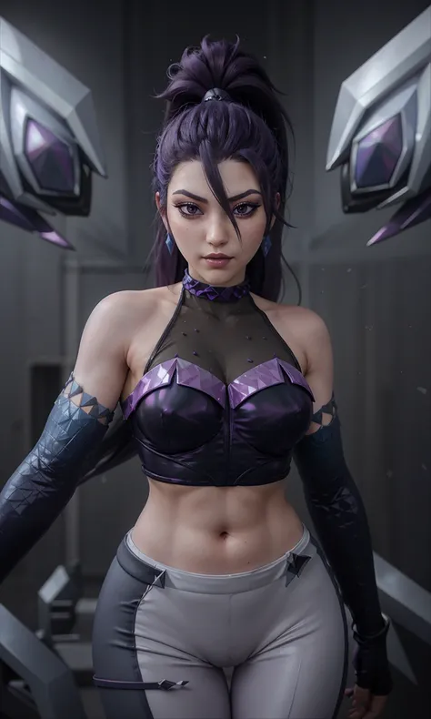 1girl, kaisakda, purple hair, long hair ponytail, ((official k/da_(league_of_legends) outfit)), full clothed, elbow gloves, bare shoulders, (simple pose), simple background,