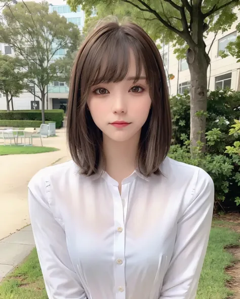 best quality, photorealistic, 8k, high res, full color, 1girl, woman, 20 years old woman, (closed mouth:1.43), (skindentation), trees, park bench, daylight, ((park background:1.52)), full color, ((white buttoned shirt:1.58)), looking at viewer:1.8, (1girl ...