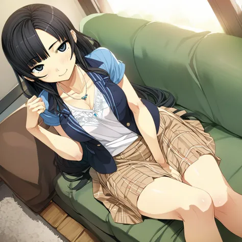 best_quality,masterpiece,<lora:CURA_SDXL_V1:1>,arishima nahoko,1girl,solo,mole under eye,black hair,mole,smile,long hair,blush,jewelry,necklace,sitting,skirt,looking at viewer,dutch angle,couch,blue eyes,