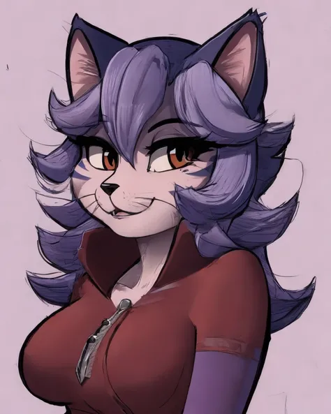 solo, toony, bust portrait, simple background, ,
operakranz, female, feline, (purple fur, purple hair:0.5), clothed, red dress, <lora:operakranz:1>