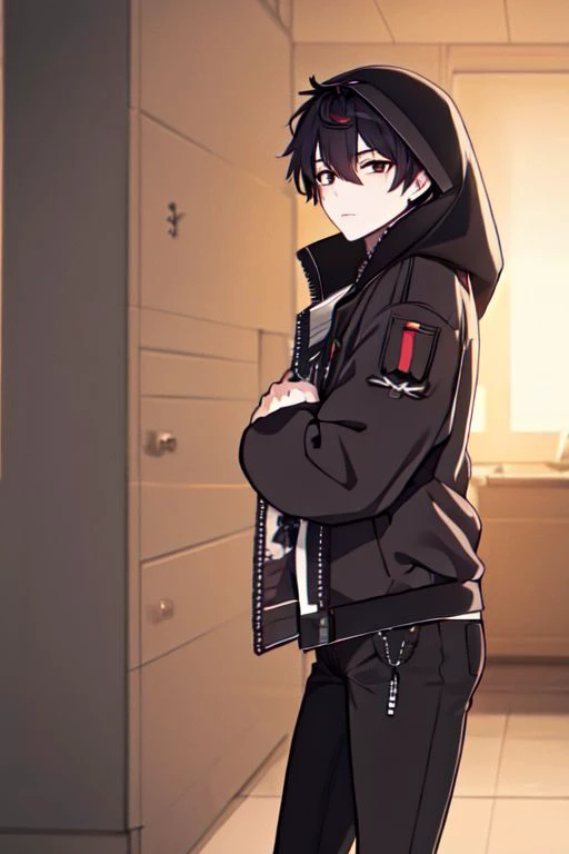 (masterpiece, best quality:1.2), 4K, Kuro, jacket, hoodie, anime boy, black pants,