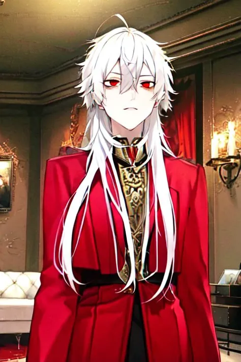 (masterpiece, best quality:1.2), 4K, Kuzuha, vampire boy, royal outfits, white hair, red eyes,