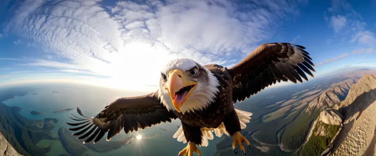 an eagle in flight taking a selfie, fisheye lens