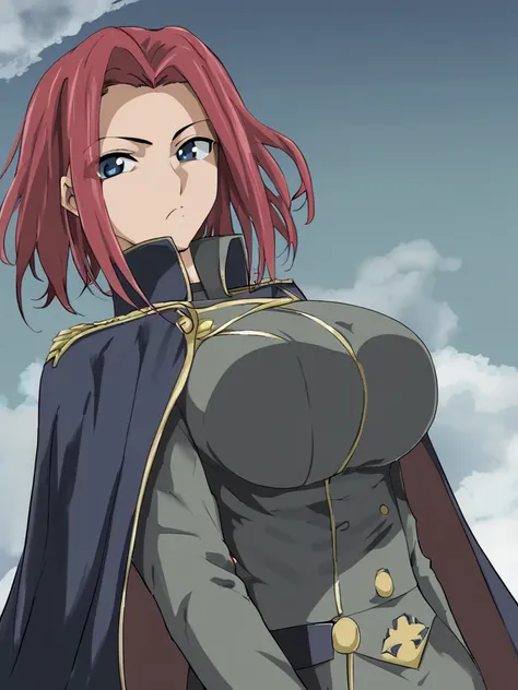 1girl, knights of the round uniform, red hair, solo, blue eyes, short hair, blue eyes, cape, large breasts, uniform, military uniform, military, breasts <lora:Iwao-PonyXL-1024px:0.9>, score_5_up,