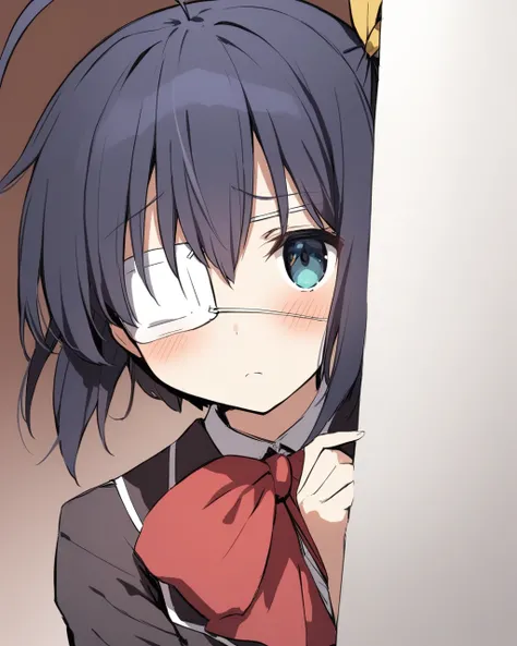 masterpiece,best quality,<lora:takanashi_rikka:1>,no_image,takanashi_rikka,medical_eyepatch,one_side_up,blush,solo,frown,chuunibyou_demo_koi_ga_shitai!,1girl,pixiv,eyepatch,peeking_out,bow,upper_body,ribbon,school_uniform,ahoge,hair_ribbon,icho_private_hig...