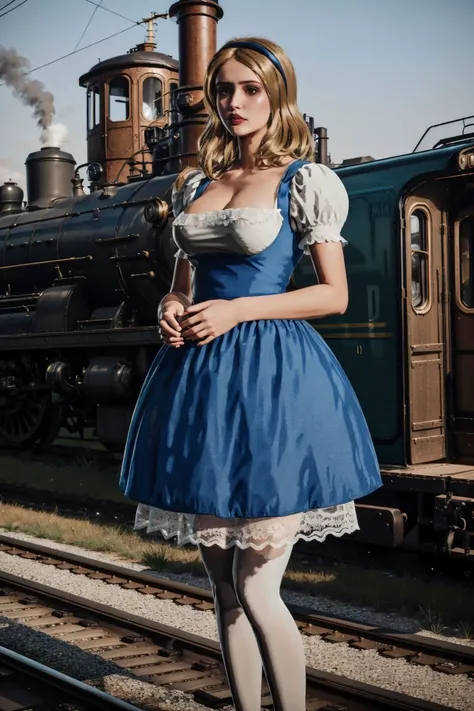 photograph of alicekiller, blonde, black thin hairband, big breasts, blue strapped dress, white blouse, short puffy sleeves, white stockings, red lips, standing on a railroad train, dreamy haze, BREAK <lora:AliceKillerIsDeadBF16_1:0.85>