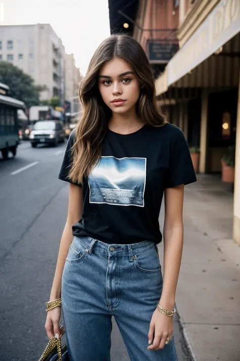 photo of beautiful (K414G3rb3r-140:0.99), a woman, perfect hair, (modern photo), wearing a (crew neck t-shirt:1.2) and long pants with jewelry, portrait, 85mm, (analog, cinematic, film grain:1.3), (Interstellar Trading Post, Marketplace with exotic goods, ...