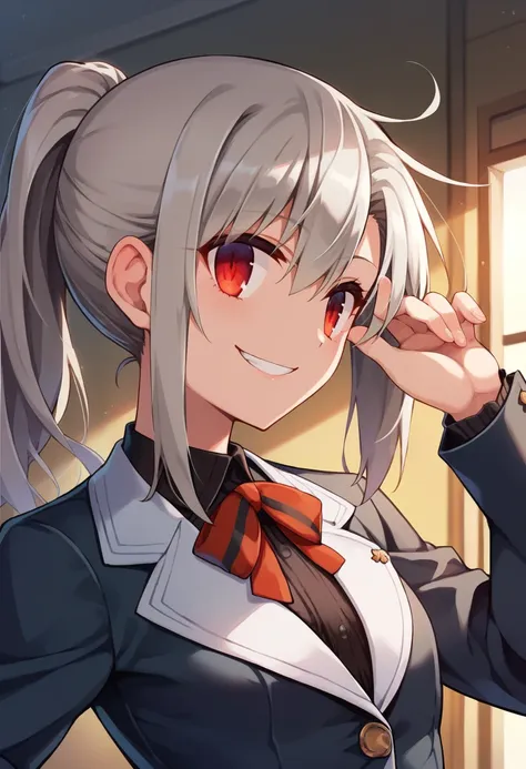 score_9, score_8_up, score_7_up, source_anime, 1girl,red eyes,smile, room, ponytail,grey hair, (portrait:1.1),hand on hip, blazer, by hiroyama_hiroshi  <lora:Hiroshi-Style-PonyXL-000020:1>